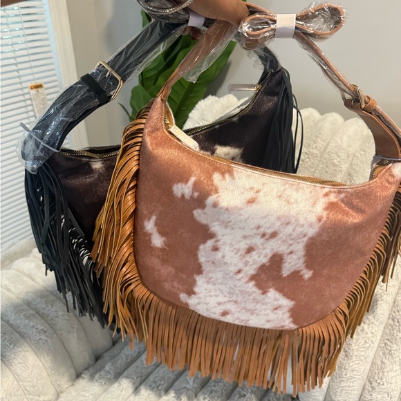 Handbags - NEW Faux Suede Brown Cow Print Fringe Hobo Shoulder Bag